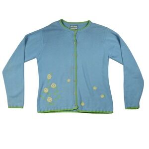 Pendleton Originals Blue Floral Embroidered Cotton Cardigan Sweater Size M FLAW